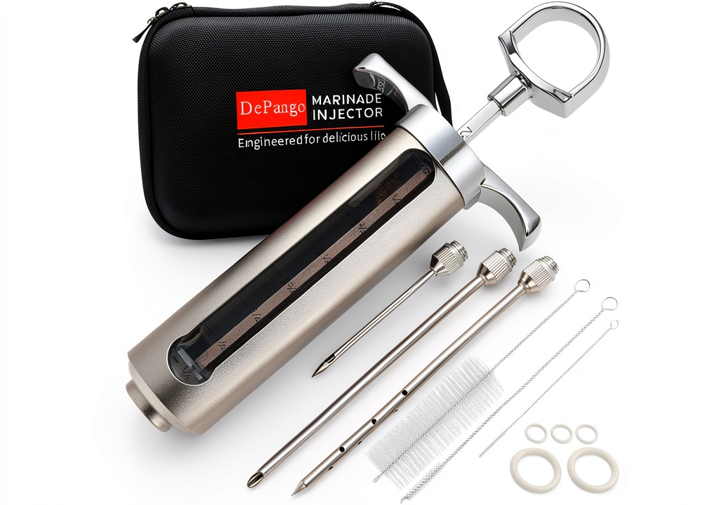 DePango Meat Injector Kit with needles and storage bag on a kitchen counter