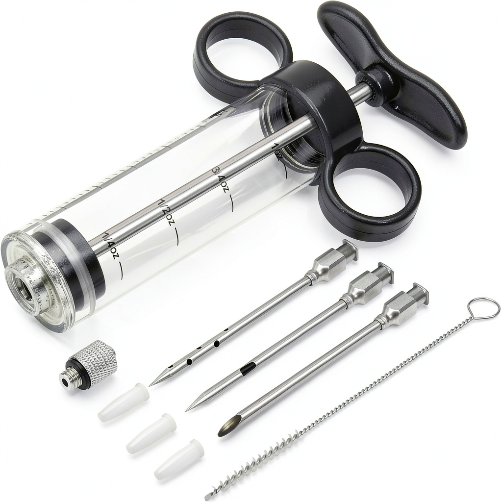 Kingsmile Meat Injector Multi‑Needle Ergonomic Kitchen Tool being used on a kitchen counter